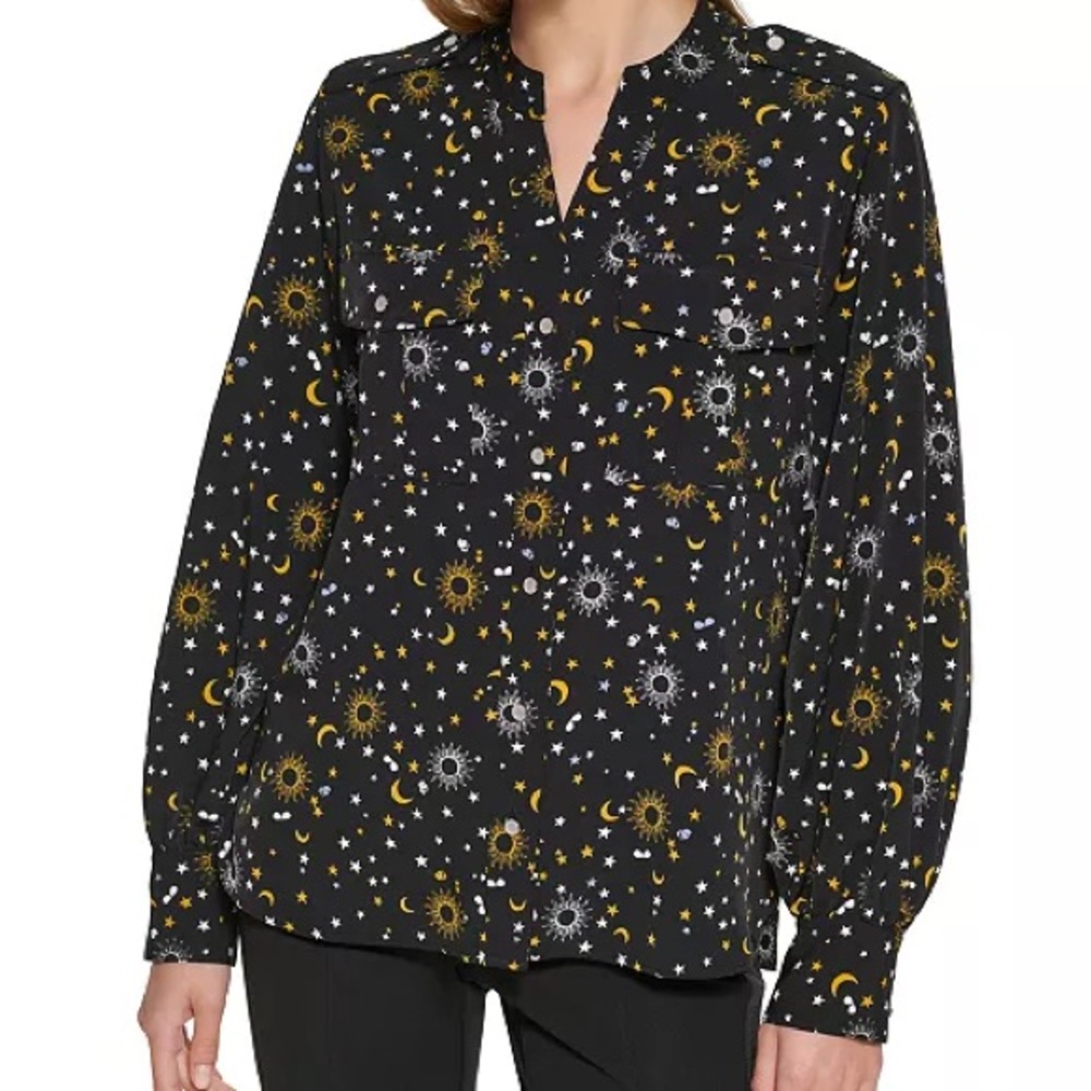 Karl Lagerfeld Oversized Celestial Sun Moon Star Print Button Down Blouse XS